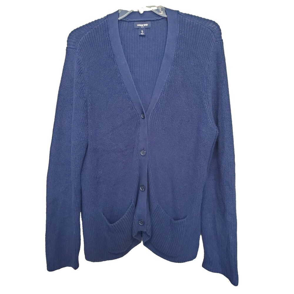 Lands' End Women's Cotton Blue Long Sleeve Button-Up Cardigan w/Pockets Size XL